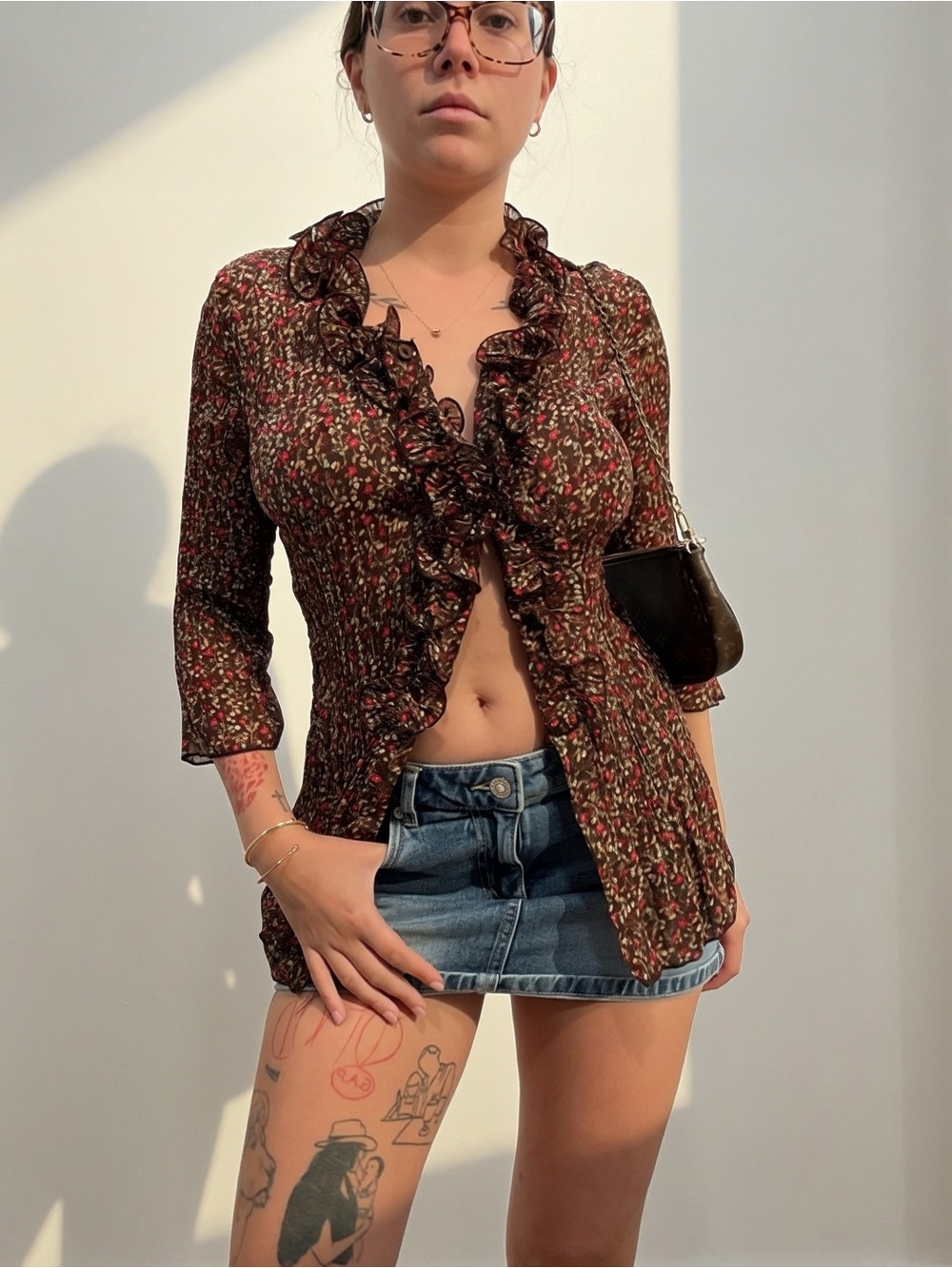 Floral Ruffle-Trim Brown Button Front Top - Picture 3 of 5